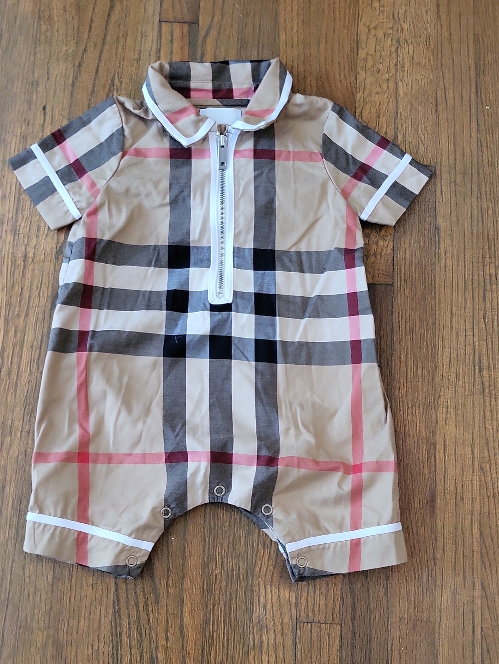 Burberry Beige Black Red Check Romper Collar Detail